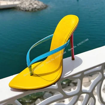Жълти цветни чехли без шнур, сандали на високи токчета, дамски обувки с остри пръсти, обувки на токчета, Zapatillas Mujer