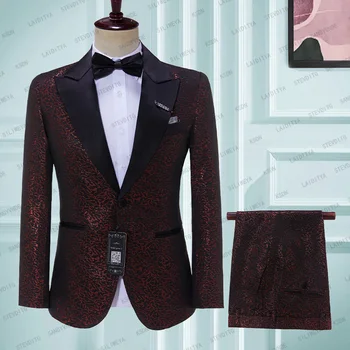 2023 Класически Официални Мъжки костюми за бизнес партита, 2 броя, Бордо Жаккардовый модел, смокинги на булката за сватбения костюм, Сако, Панталони