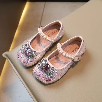 2023 Нови меки кристали в тон, красиви обувки на Мери Джейн за момичета, Елегантен перли, детски обувки за сватба, детски обувки на плоска подметка.