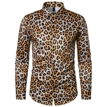 2024 Леопардовые ризи, мъжка мода риза, хавайски ризи с дълъг ръкав, плажна блуза в Куба, мъжко облекло, тениски, копчета, градинска облекло