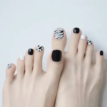 24 Черно-бели къси нокти с леопардовым принтом във формата на ковчег, изкуствени акрилни нокти на краката, подвижни нийл-арт