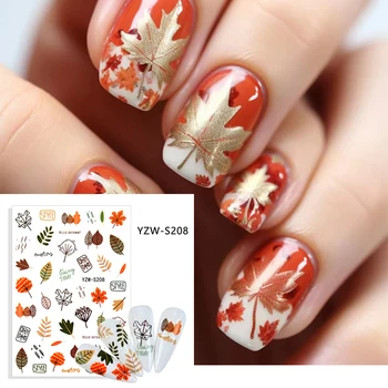 3D Стикери за нокти с кленов листа, черно-жълти Есенни листа, Есенни етикети с тыквенным дизайн за маникюр, лак за нокти