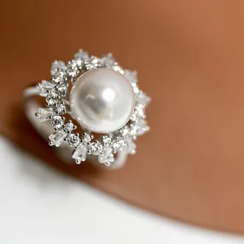 MeiBaPJ 10-11 мм Натурален с полукръгла перли, Модерен пръстен във формата на Снежинки, сега сребро 925 Проба, Изискани сватбени бижута за жени