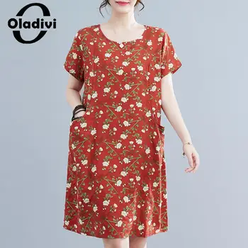 Oladivi Fashion Женствена рокля Миди с флорални принтом и къс ръкав 2023 Летни Ежедневните Свободни рокли Дамски дрехи големи размери 5175