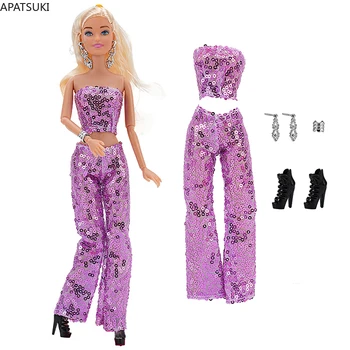 Purple комплект дрехи с пайети за кукли Барби, екипировки, топ без ръкави, панталони, черни обувки, гривни, обеци, 1/6 Аксесоари за кукли, играчки