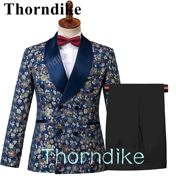 Thorndike Мъжки костюми Комплект Елегантен Цветен Принт Сватба парти Смокинг-Костюм за Мъжете 2 елемента Однобортный Блейзър Брючный Костюм Homme