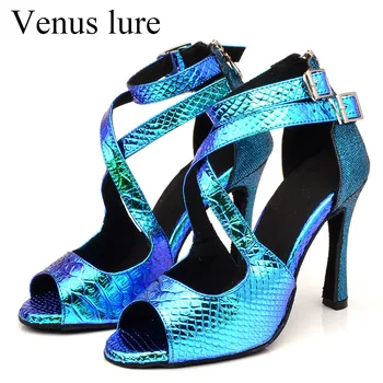 Venus Lure С индивидуално лого, сини дамски сандали от изкуствена кожа за латино танци, женски ботуши на висок ток 10 cm