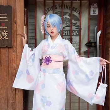 Аниме Ram Кимоно Японски халат Традиционния етнически костюм Rem за cosplay Женствена рокля с флорални принтом облекло за изказвания в стил Лолита