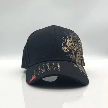 Бейзболна шапка унисекс, Регулируема черна шапка в китайски стил с принтом дракон, ежедневни хип-хоп шапка възстановяване на предишното положение Bone