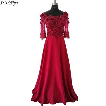 Вечерна рокля It ' s Yiiya цвят Бордо С аппликацией От Пайети, Квадратен Яка В пода, Трапецовидна форма, по-Големи размери, Дамски официални рокли За партита A1609