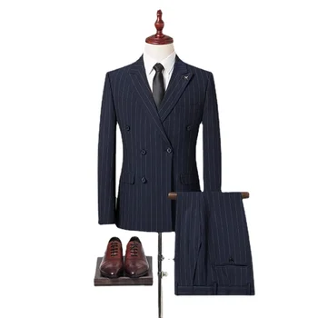 Високо качество (Сако + панталон Мъжки Британския Бизнес Шарени Ежедневието на Обикновен Сватбен Оборудвана Костюм и Елегантна Мода Модерна Двойка