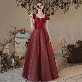 Висококачествени бордо рокля за абитуриентски бал с квадратна яка и ръкави-капачки, Вечерни рокли на точки, на окото, Vestidos De Fiesta 2023