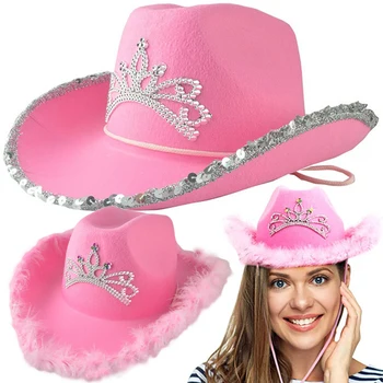 Дамски розови каубойски шапки, Диадема в западен стил за жени, Рицарски шапка-овчарко, детски Филц шапки за рожден Ден в стил Уестърн