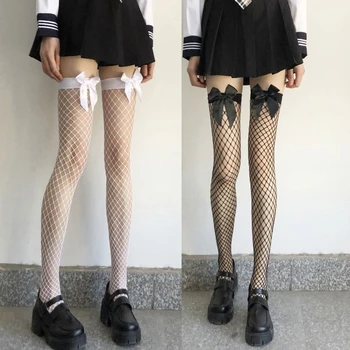 Дамски Секси чорапи до бедрото, в окото с хубави атласным лък на японски аниме с изрези за cosplay, с кръстосани мрежа