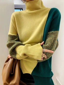 Дамско поло с дълъг ръкав контрастен пуловер свободно, намаляване, есенно-зимния нов вязаный пуловер, ретро топ