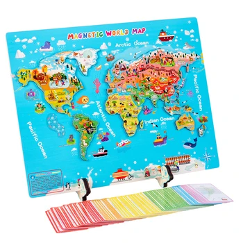 Дървен пъзел с картата на света с националните знамена на гърба и флаш карти 92 страни, образователна играчка на географията, пъзели по география