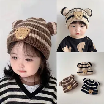 Есенно-зимна детска шапка с анимационни мече, сладка шапчица-бини за новородените момичета и момчета, възли шапки за бебета