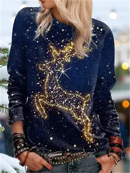 Есента модерен Коледен топ големи размери с брилянтен принтом под формата на снежинки, тениски с дълъг ръкав и кръгло деколте, леко растягивающаяся дамски дрехи
