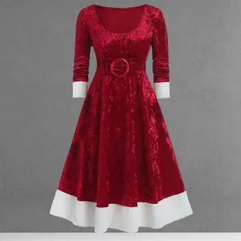 Жена облечи, есен-зима, цветна рокля midi в стил мозайка рокля с трапецовидна форма, с кръгло деколте и дълъг ръкав, с подвижен колан, Елегантен бархатное рокля