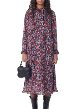 Женствена рокля Midi 2023, Нов Цветен Принт, Плиссированный Яка С Волани, Без Халат, в Стил Ретро С Дълъг Ръкав