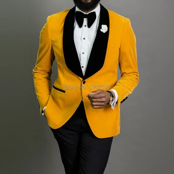 Жълто Кадифе Сватбен Смокинг С Черни Панталони, Оборудвана Мъжки Костюм От 2 Части За Бала, Африка Мъжки Модерен Блейзър