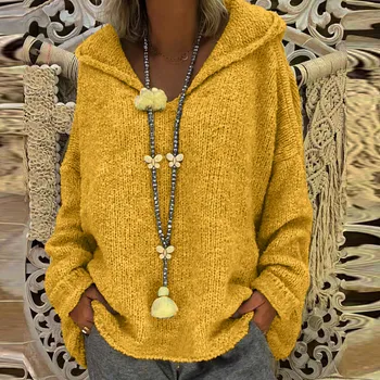 Зима-Есен, Обикновен пуловер, женски сплетен пуловер с качулка с дълъг ръкав, градинска облекло в стил бохо, вязаный пуловер Оверсайз 2023 г.