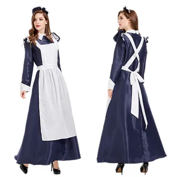Изискани Европейски Класически костюми съда прислужница на Хелоуин, cosplay мома, модерен Тъмно-сини Дълги рокли