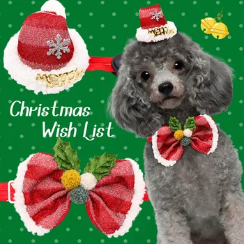Коледен костюм за домашен любимец, шапка и папийонка за кучета, подарък, яка и шапка-лък за малко кученце, зоотовары за домашни любимци, аксесоари за грижа за кученца и котки