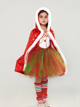 Коледна червена рокля-пакетче, костюм на Дядо Коледа под формата на снежинки за момичета, детски рокли от пухкав тюл за новогодишна карнавал, бала и партита, съоръжения