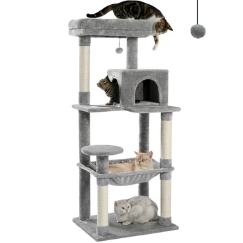 Котешка дърво за домашни котки, 5-степенна котешка кула за големи котки с голям хамак, когтеточками, покрити с сизалем, Уютна жердочка на покрива на етажната собственост