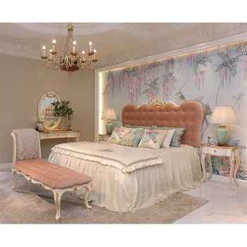 Кралски лукс класически розово Италия кадифе плат тапицерия king size пълен комплект мебели за спалня