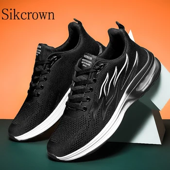 Лятото дишащи обувки за мъже, голям размер на 45, черни маратонки за бягане, трикотажни спортни маратонки с принтом пламък, амортизирующий тренажор за бягане