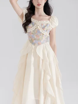 Лятото Френското винтажное рокля Фея, Секси елегантна рокля миди с принтом за парти на жената е сладка рокля в корейски стил с неправилна форма с рюшами