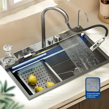 Мивка с водопад, мивка с голям однощелевым дигитален дисплей, мивка от неръждаема стомана 304 с водопадным крана за ремонт на кухня