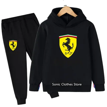 Модерен комплект с качулка на Ferrari, детски дрехи с дълги ръкави за момчета от 3-14 години, пролетта и есента случайни спортен костюм за момичета