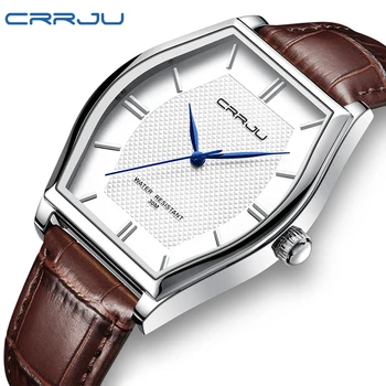 Модерен мъжки часовник CRRJU Japan Quartz с тънък мрежесто стомана кожена каишка, водоустойчив Relogio Masculino