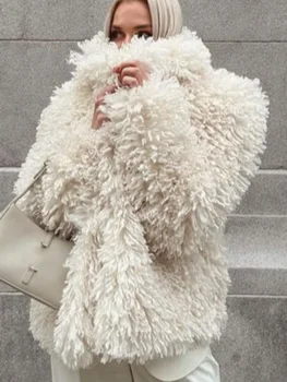 Модерно дамско палто от изкуствена кожа, Елегантни блузи с отложным яка и дълги ръкави 2023, Зимни Однотонная Свободна топла Луксозна офис дамски яке