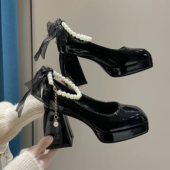 Модни дамски обувки-лодки, дамски обувки на висок ток, елегантен лък с квадратни пръсти, черните сватбени обувки на дебелите токчета, перлени дантелени сватбени обувки за жени