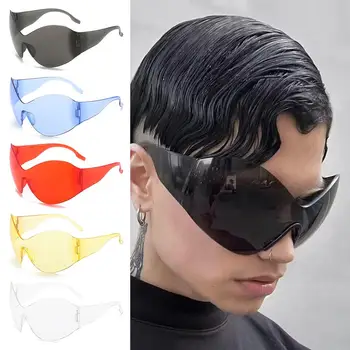 Модни нюанси, Черни слънчеви очила без рамки със защита от UV400, стегнати големи футуристични очила Y2K, слънчеви очила