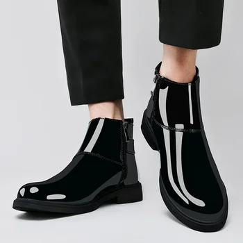 Обувки за мъже, Зима 2023, Висококачествени мъжки ежедневни кожени обувки от черна лачена кожа голям размер 48, Мъжки модел обувки на платформа