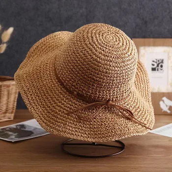 Открийте проста сгъваема сламена шапка с широка периферия за момичета, солнцезащитная шапка, Плажна дамска лятна шапка, пътна шапка с защита от uv, дамска шапка за жени