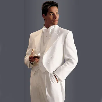 Официални бели мъжки костюми Смокинг Двубортный сватбен костюм и лацканом, яке, панталони, жилетка, елегантен блейзър, пълен комплект