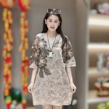 Памучен и бельо тънка пролетна риза с принтом Hot Diamond, висококачествено рокля за майката в чужд стил, женствена рокля