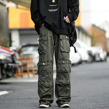 Панталони-карго с много джобове, мъжки реколтата, свободни широки панталони Harajuku, градинска дрехи, ежедневни панталони за почистване в стил хип-хоп