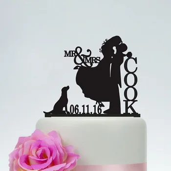 Персонални Топперы за сватбената торта Силует на младоженеца и на булката с кучето Фамилия и дата на г-Н и г-жа Топперы за сватбената торта