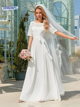 Плажна Дантелено Сватбена рокля С кръгло деколте, Елегантен Сватбена рокля с А-силует с дължина до пода, Класически Vestidos De Новия