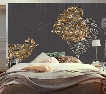 Потребителски тапети 3d нов китайски стил лесно лукс златен лист лосове ТЕЛЕВИЗИЯ фон стена дневна спалня декорация на ресторант