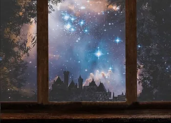 прозорец звездна нощ магически замък в гората блестящ фон висококачествена компютърна печат детски фонове