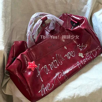 Реколта червена чанта с голям капацитет в корейски стил Y2k, женствена чанта през рамо с писмото принтом в стил гръндж, модни эстетичная пътна чанта