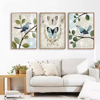 Ретро Ностальгическая Картина върху платно, Сини Пеперуди, Птици Дневна Спалня Кафе Магазин Декор на стените HD Индивидуален Плакат